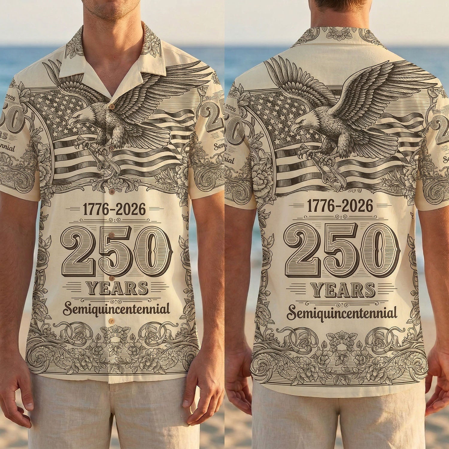 Split view comparison showing the full front and back design of the 250 Years Semiquincentennial shirt on a model at the beach.