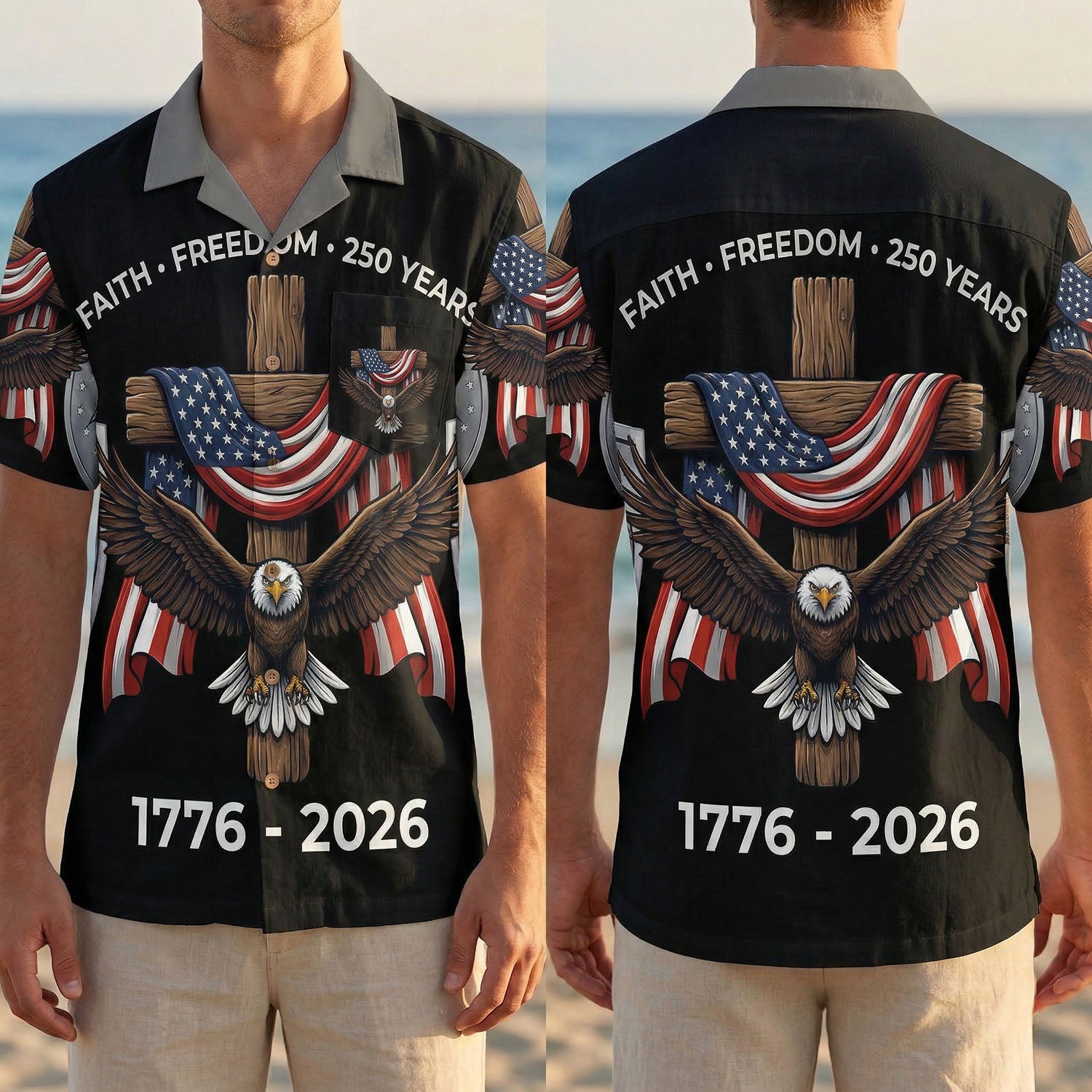Full front and back display of the black "Faith Freedom 250 Years" shirt showcasing the eagle and star-spangled banner design.