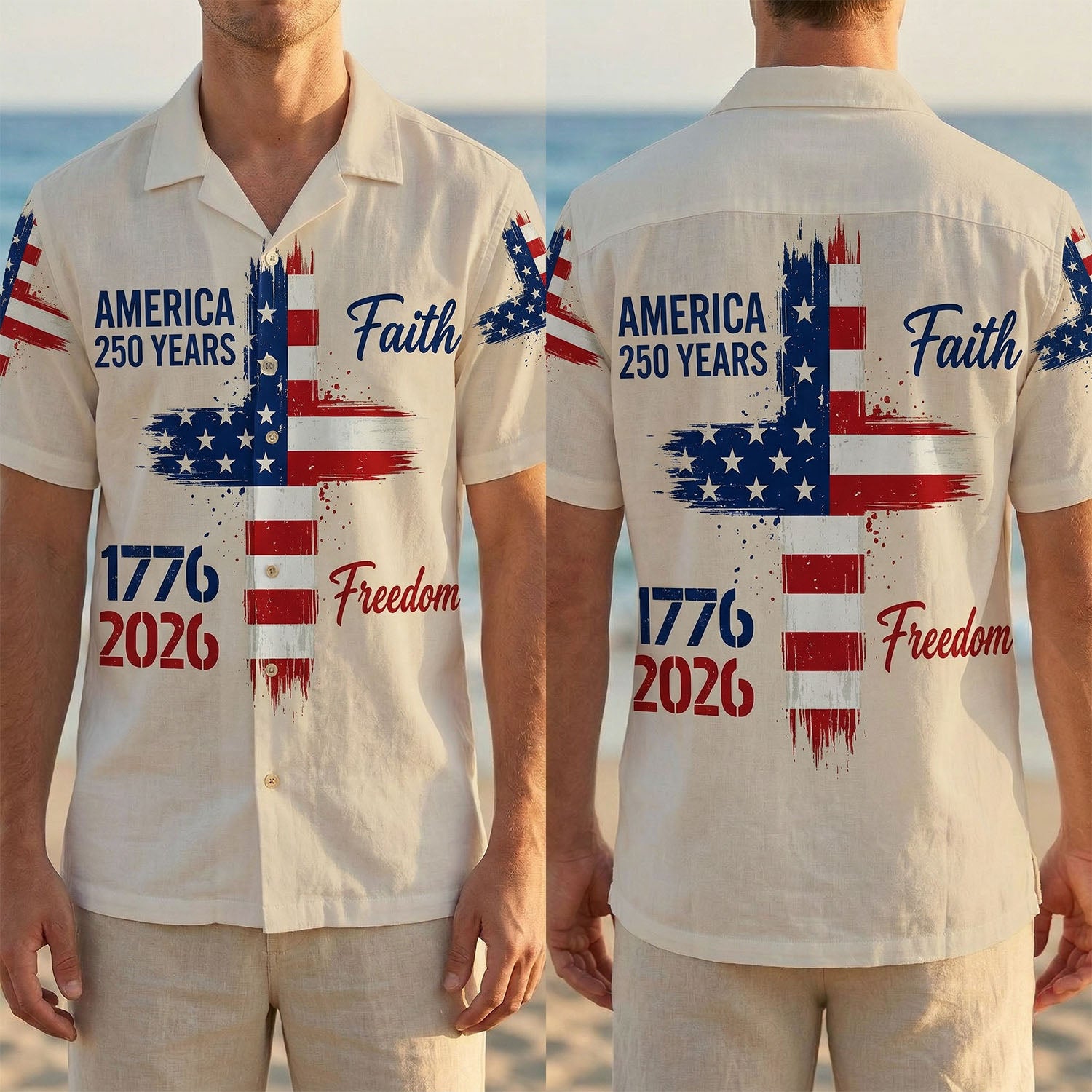 Full front and back display of the "America 250 Years" shirt showcasing the star-spangled cross and commemorative 1776-2026 dates.