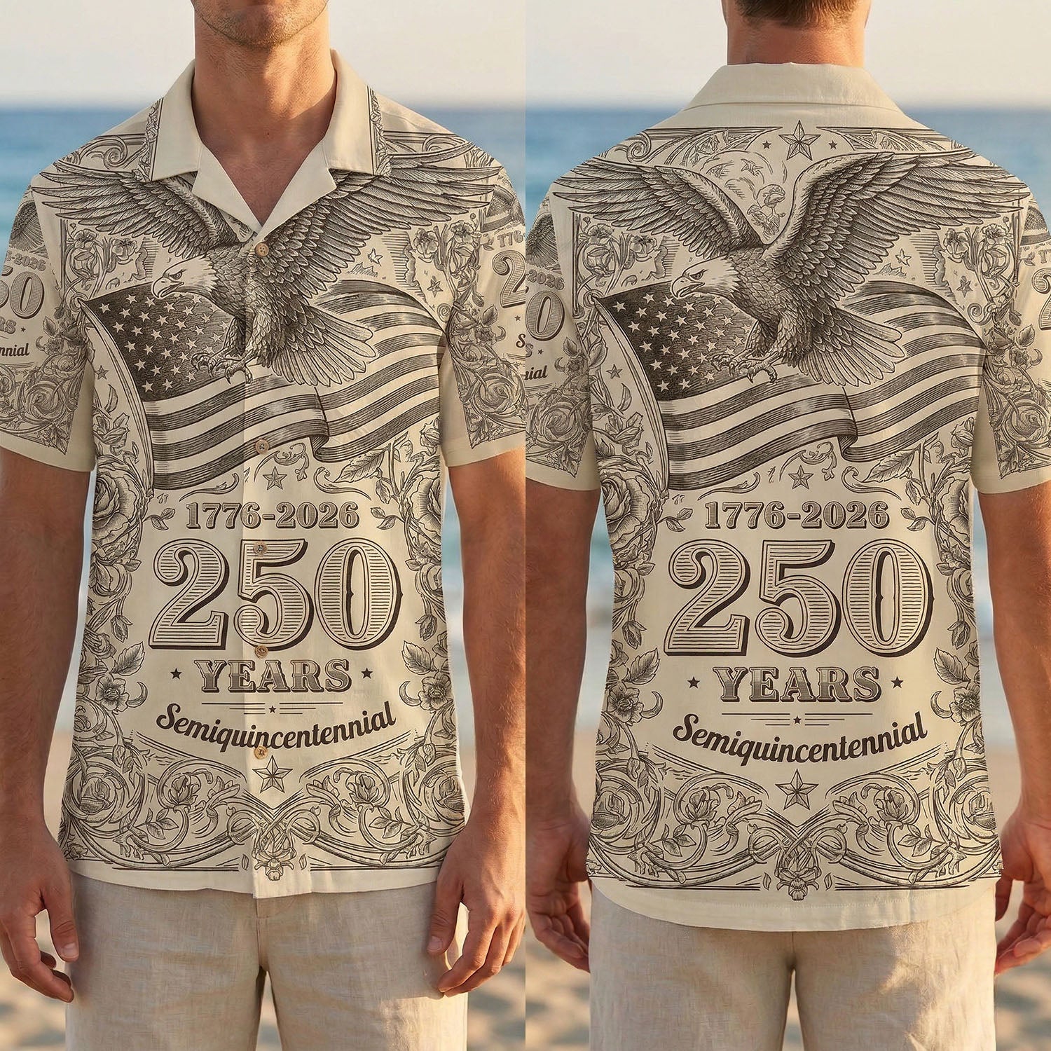 Side-by-side comparison showing the full front and back design of the cream patriotic shirt featuring the American eagle and star-spangled banner.
