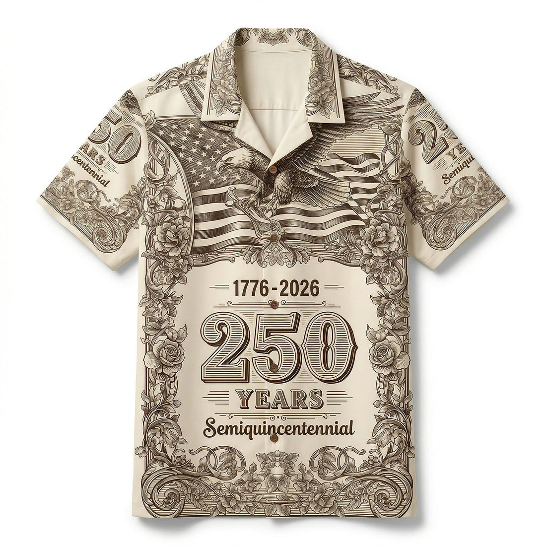Front flat lay view of the 1776-2026 USA Semiquincentennial Hawaiian shirt in vintage cream, featuring an engraved eagle and patriotic flag design by TKS Gift.