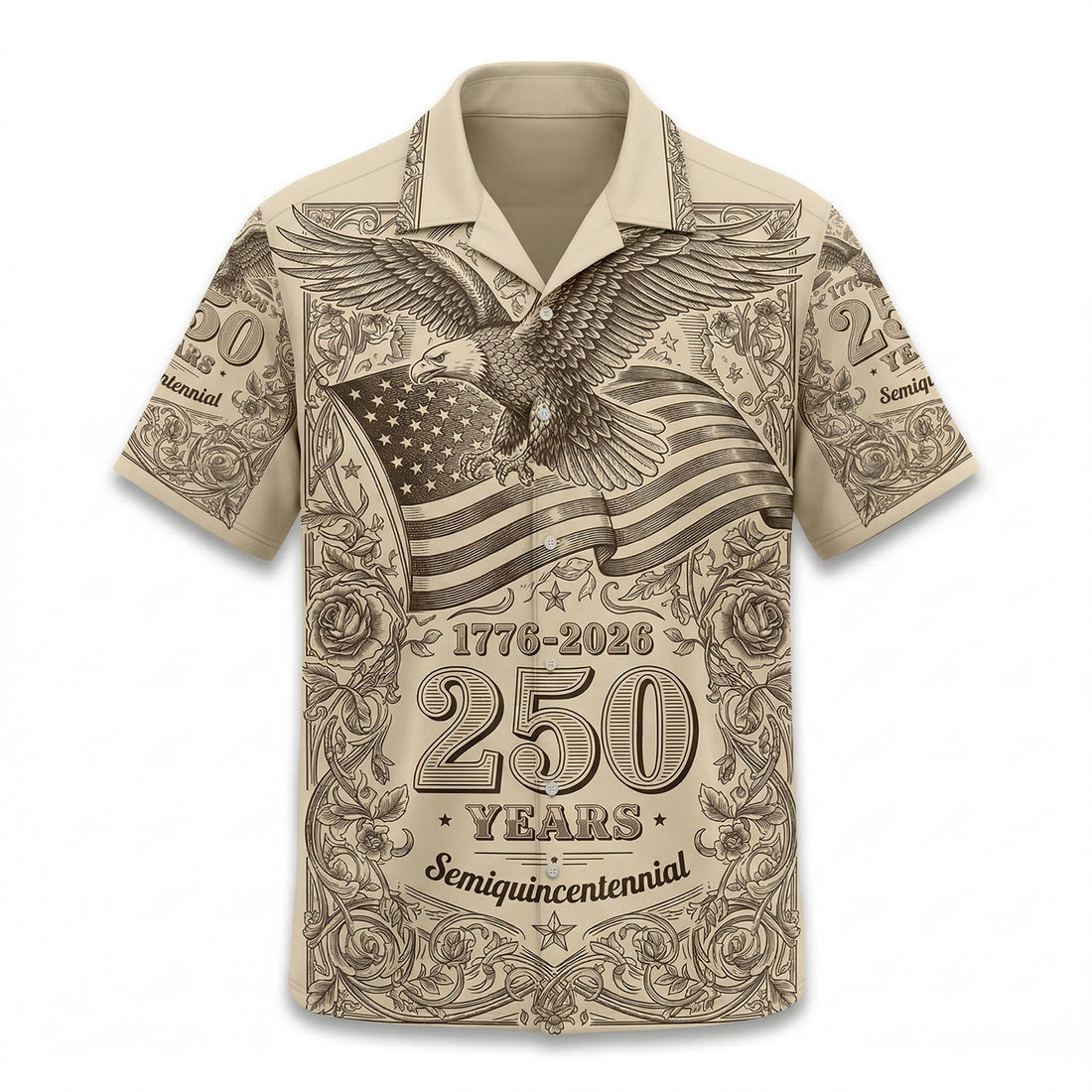 Front view of a premium cream-colored patriotic Hawaiian shirt featuring a vintage engraved eagle and US flag design for the 250th anniversary by TKS Gift.