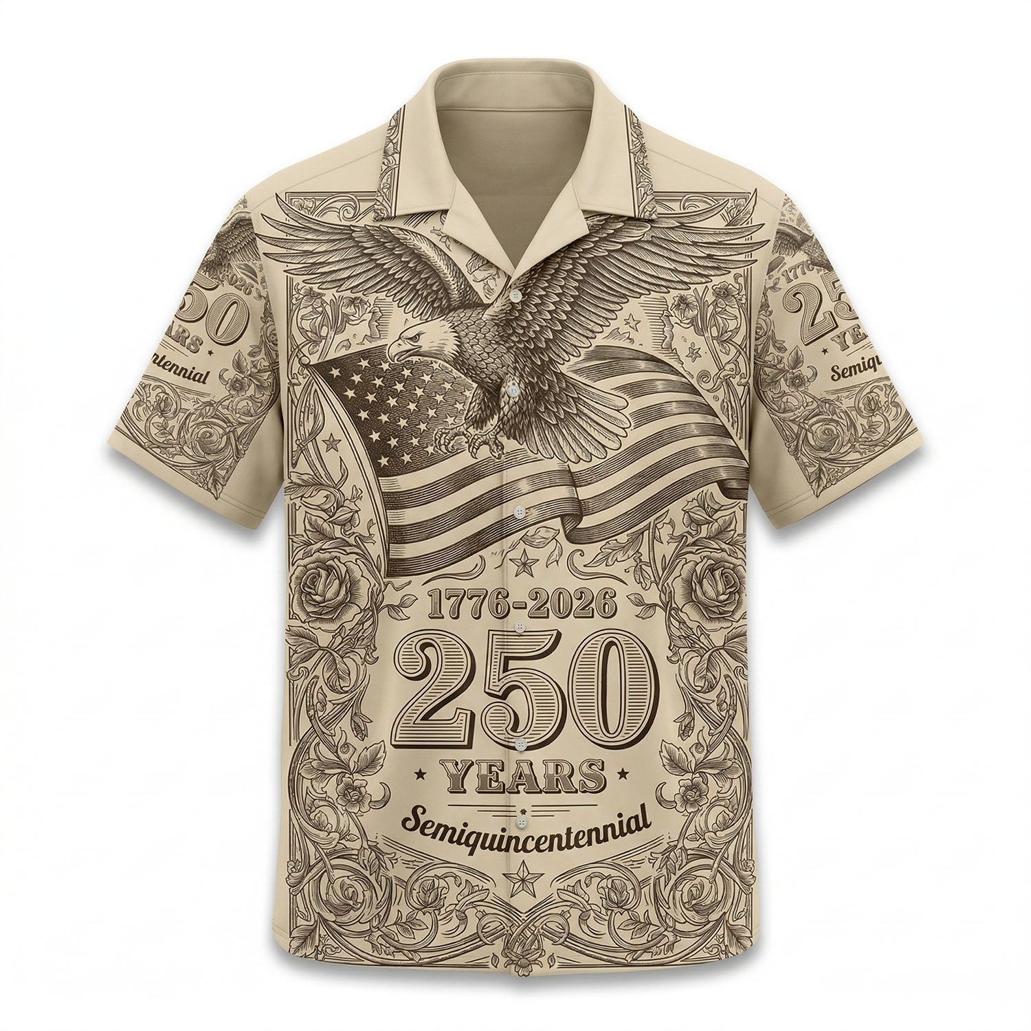 Front view of a premium cream-colored patriotic Hawaiian shirt featuring a vintage engraved eagle and US flag design for the 250th anniversary by TKS Gift.