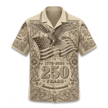 Front view of a premium cream-colored patriotic Hawaiian shirt featuring a vintage engraved eagle and US flag design for the 250th anniversary by TKS Gift.
