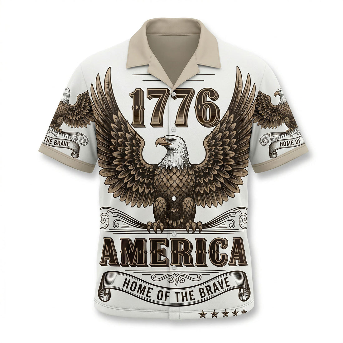 Front view of a white patriotic Hawaiian Aloha shirt featuring a large bald eagle and America Home of the Brave text