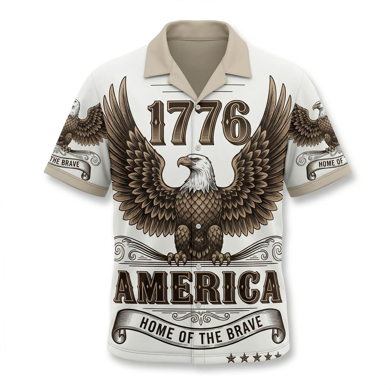 Front view of a white patriotic Hawaiian Aloha shirt featuring a large bald eagle and America Home of the Brave text