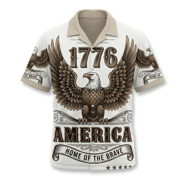 Front view of a white patriotic Hawaiian Aloha shirt featuring a large bald eagle and America Home of the Brave text