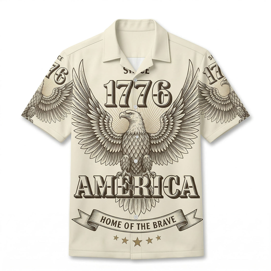 Front view of a vintage cream Hawaiian shirt featuring a detailed engraved bald eagle and 1776 America "Home of the Brave" text.