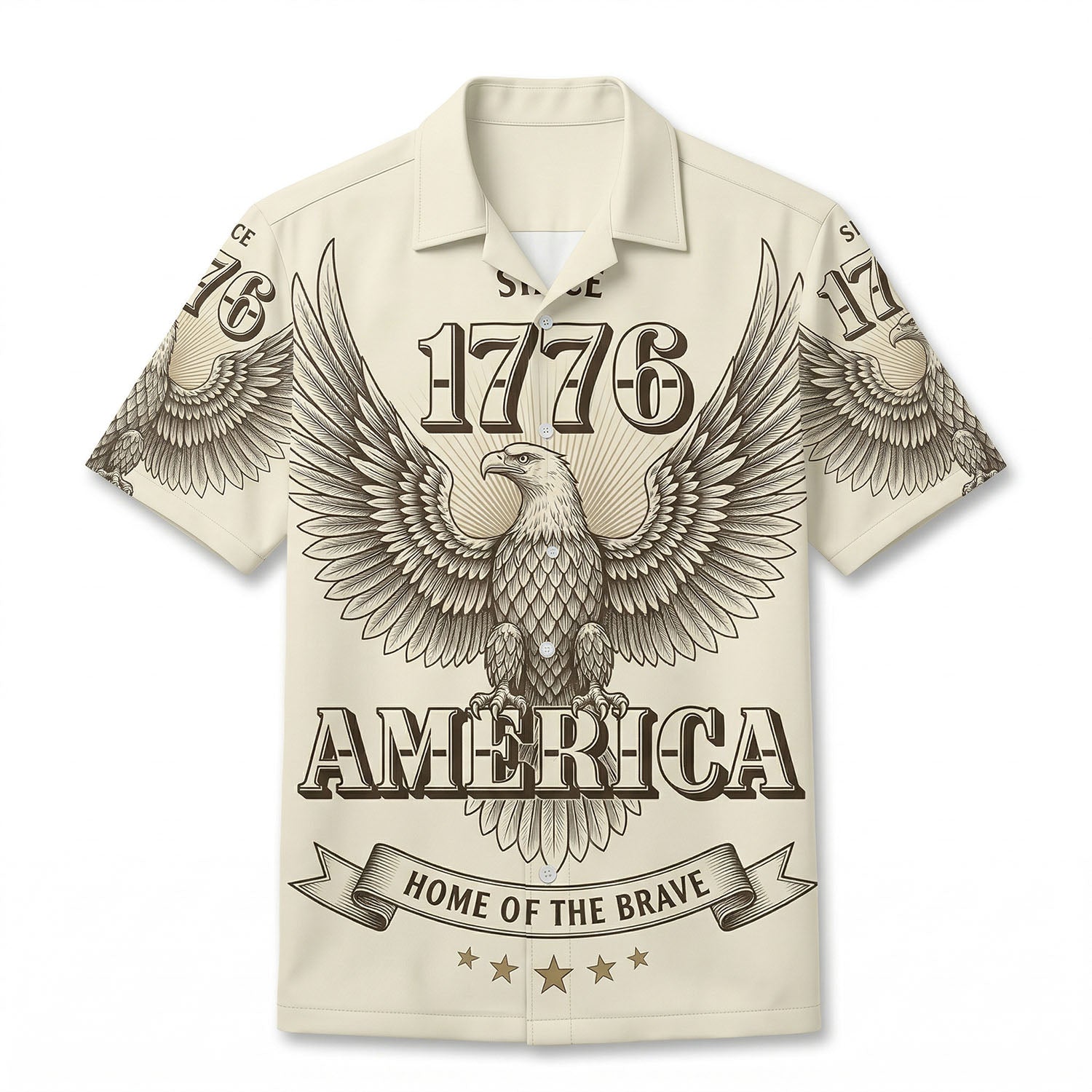 Front view of a vintage cream Hawaiian shirt featuring a detailed engraved bald eagle and 1776 America "Home of the Brave" text.