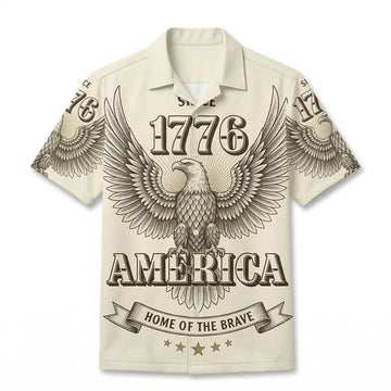 Front view of a vintage cream Hawaiian shirt featuring a detailed engraved bald eagle and 1776 America "Home of the Brave" text.