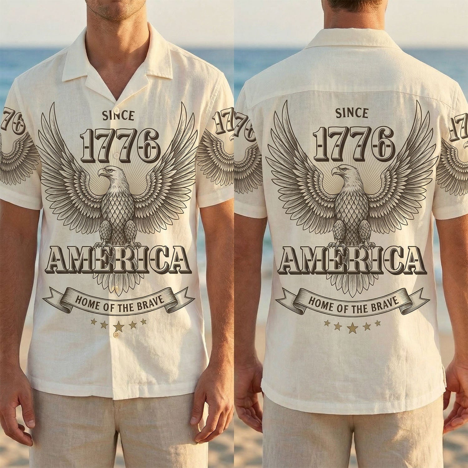 Front and back mockup of the 1776 American Eagle vintage shirt, showcasing the consistent patriotic design.