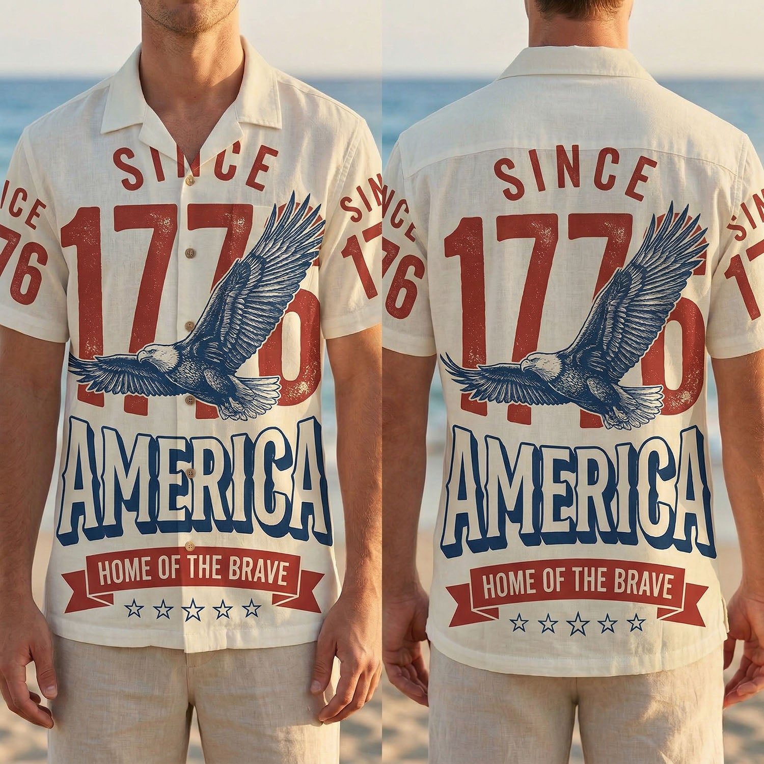 Front and back view of a cream-colored vintage patriotic Hawaiian shirt featuring an eagle and "Home of the Brave" 1776 design.