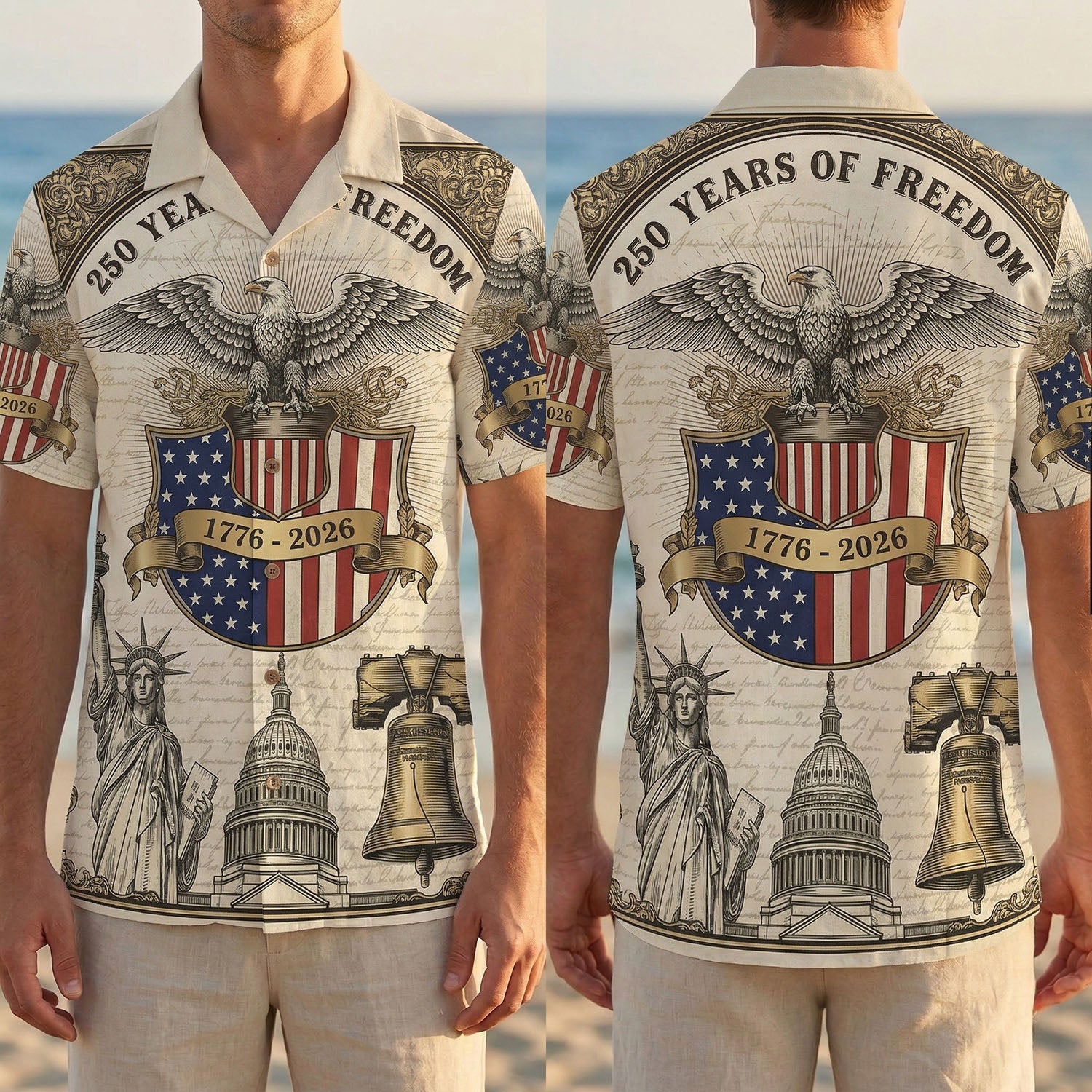250 Years of Freedom 1776 2026 Patriotic Hawaiian Shirt Vintage Liberty Bell Eagle Men's American Heritage Button Down Shirt