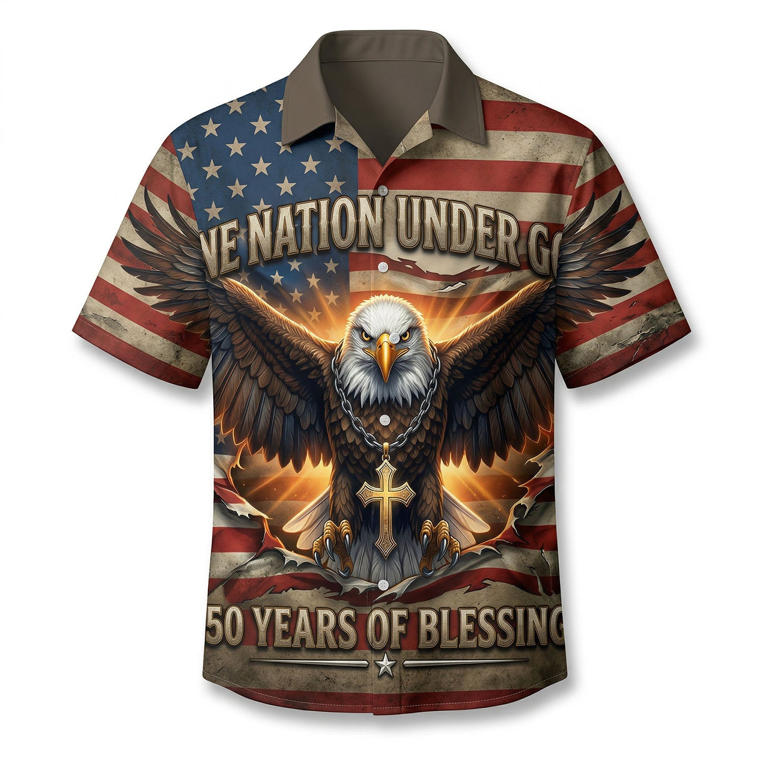 Front view of a patriotic Hawaiian shirt with a bald eagle, American flag background, and "One Nation Under God" text.
