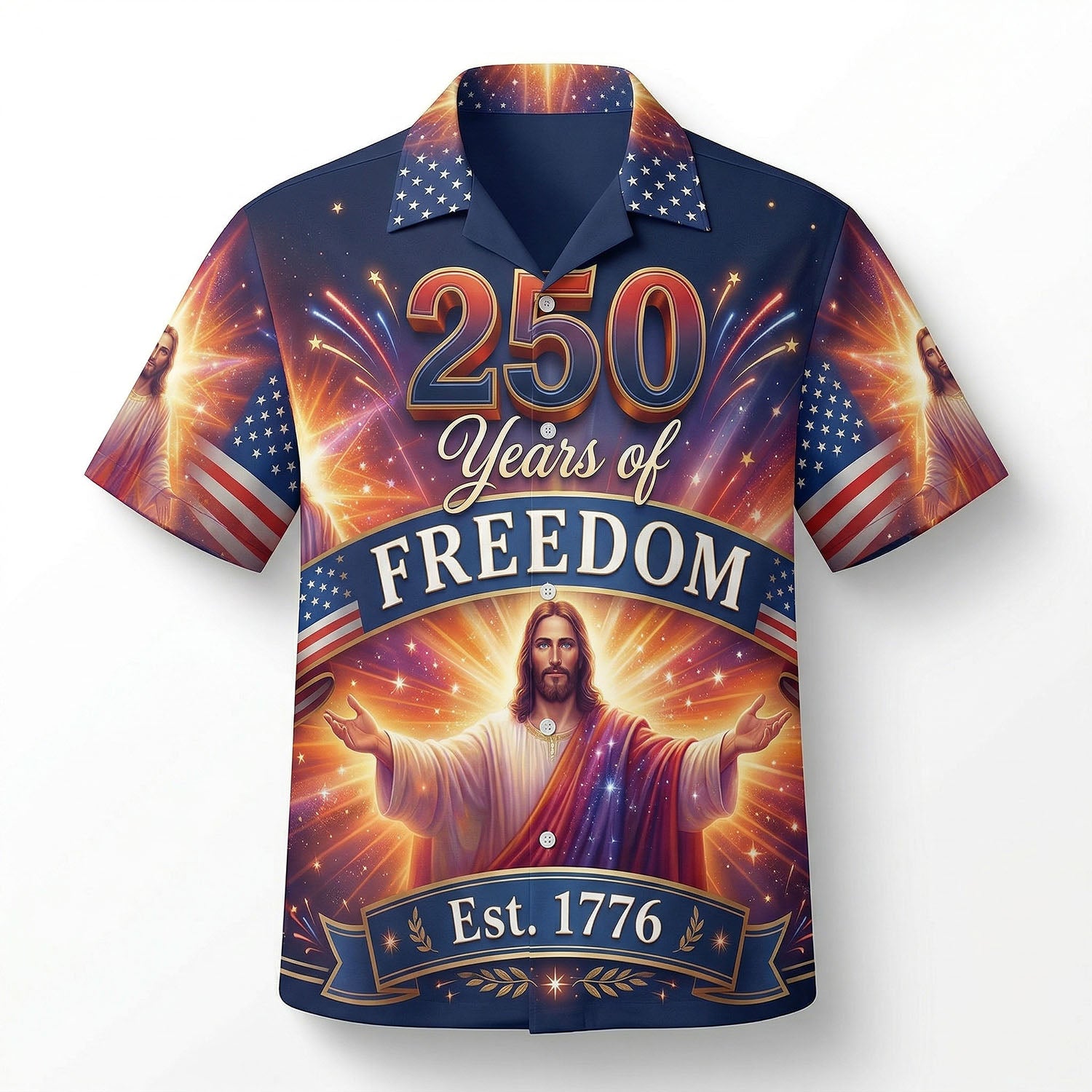 Front view of a navy blue patriotic Hawaiian shirt featuring Jesus Christ, fireworks, and "250 Years of Freedom" text for the US 250th anniversary.