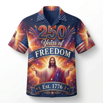 Front view of a navy blue patriotic Hawaiian shirt featuring Jesus Christ, fireworks, and "250 Years of Freedom" text for the US 250th anniversary.