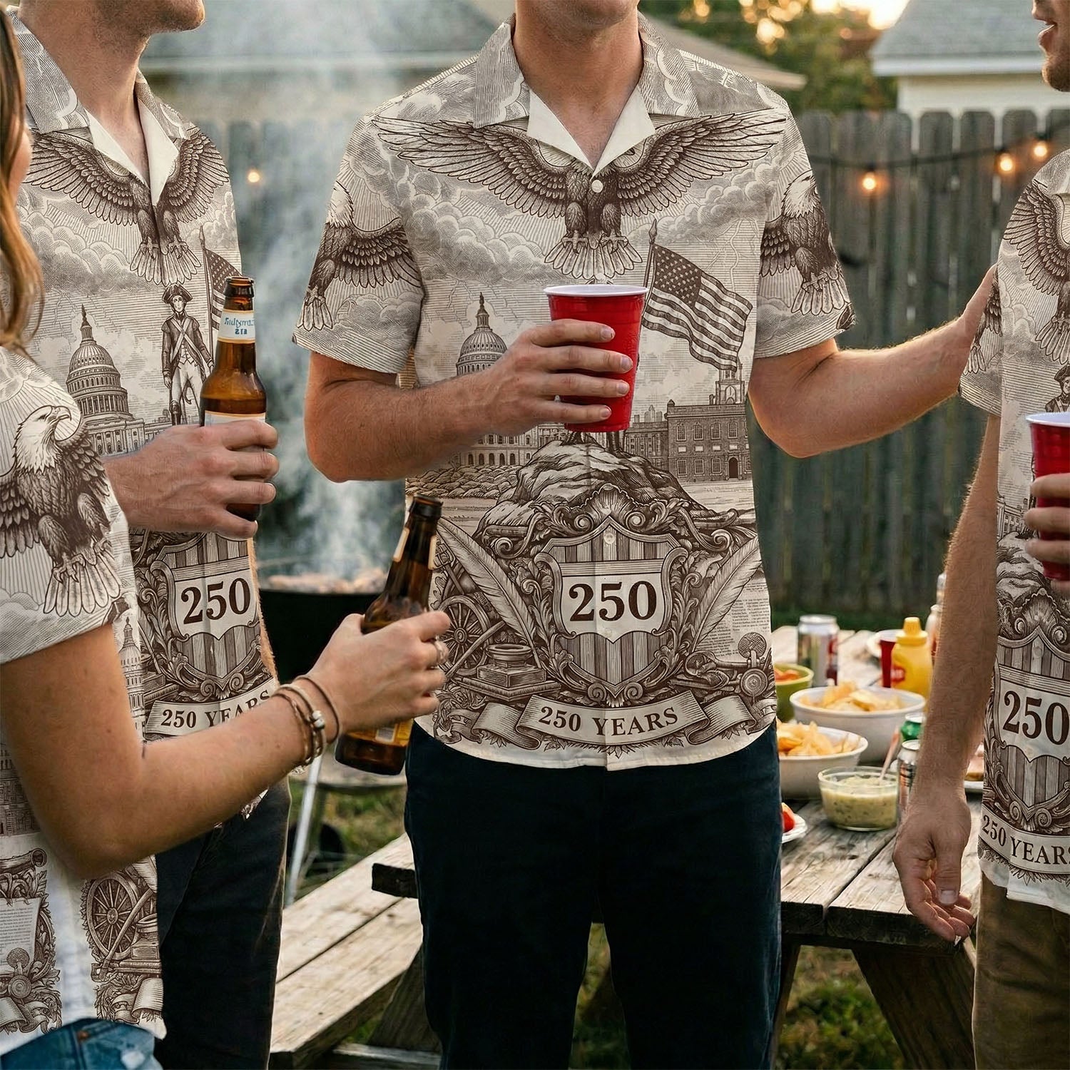 A group of people wearing matching 1776-2026 Constitution themed Hawaiian shirts at a summer event, representing unity and history.