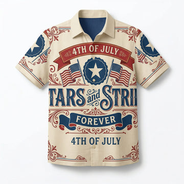 Main front view of a vintage cream-colored patriotic Hawaiian shirt featuring Stars and Stripes Forever design for 4th of July by TKSGift.