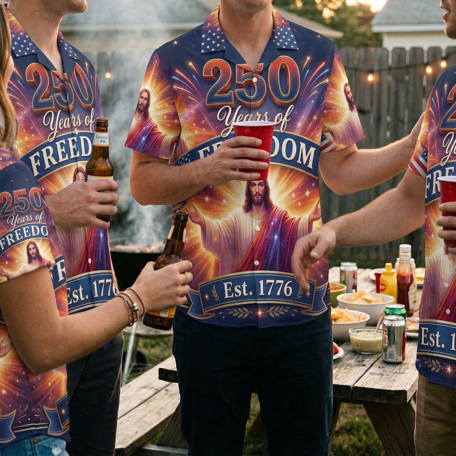 Lifestyle photography of patriots at a BBQ event wearing the celebratory fireworks Jesus shirt, highlighting a joyful American spirit.