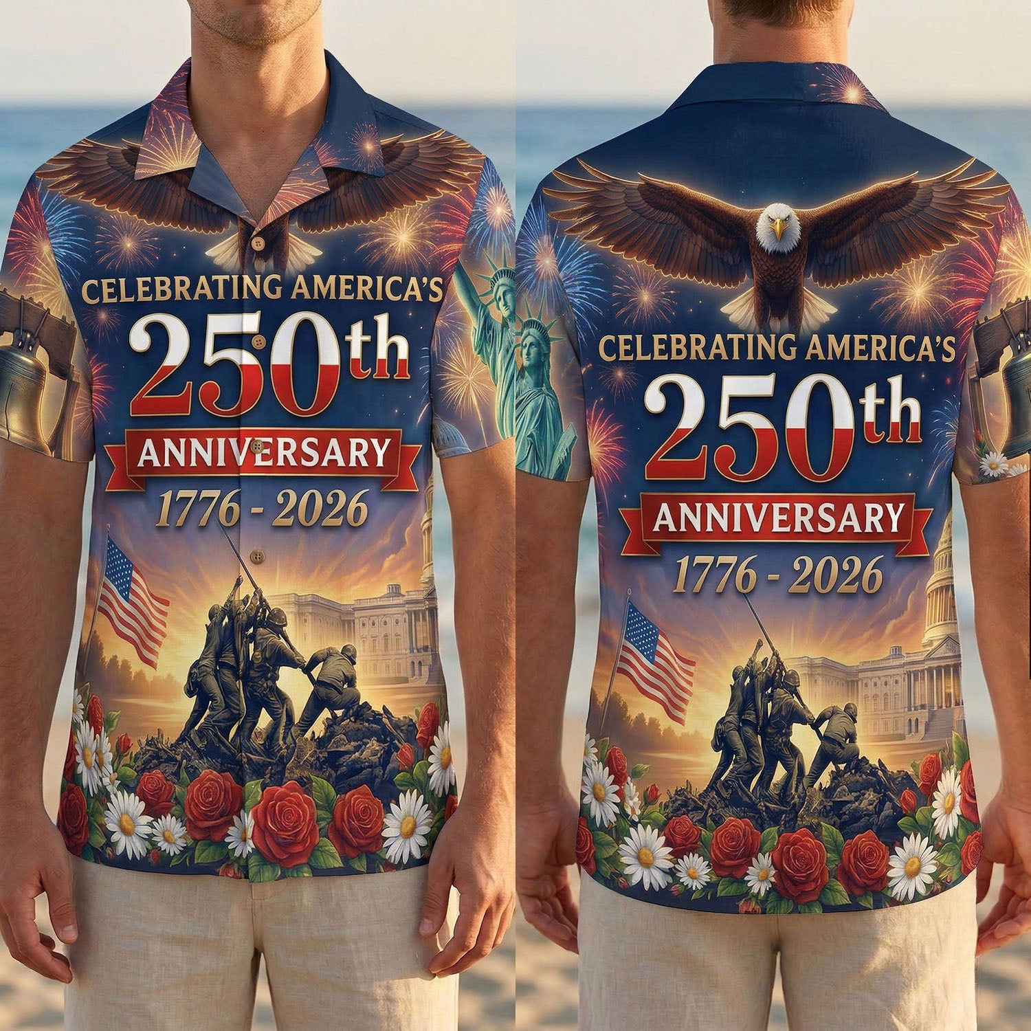 Front and back layout of the 1776-2026 patriotic shirt showing a soaring bald eagle and the Statue of Liberty amidst a firework display.