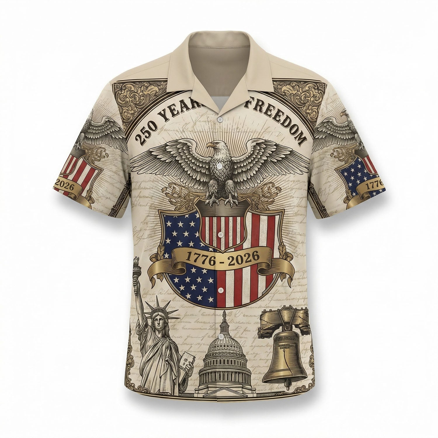 250 Years of Freedom 1776 2026 Patriotic Hawaiian Shirt Vintage Liberty Bell Eagle Men's American Heritage Button Down Shirt
