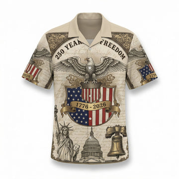 250 Years of Freedom 1776 2026 Patriotic Hawaiian Shirt Vintage Liberty Bell Eagle Men's American Heritage Button Down Shirt