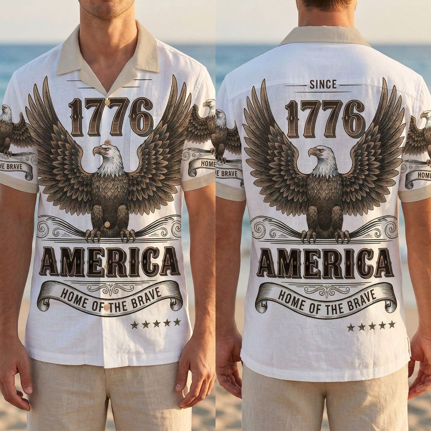Split view comparison showing the full front and back eagle design of the 1776 America patriotic shirt on a model at the beach