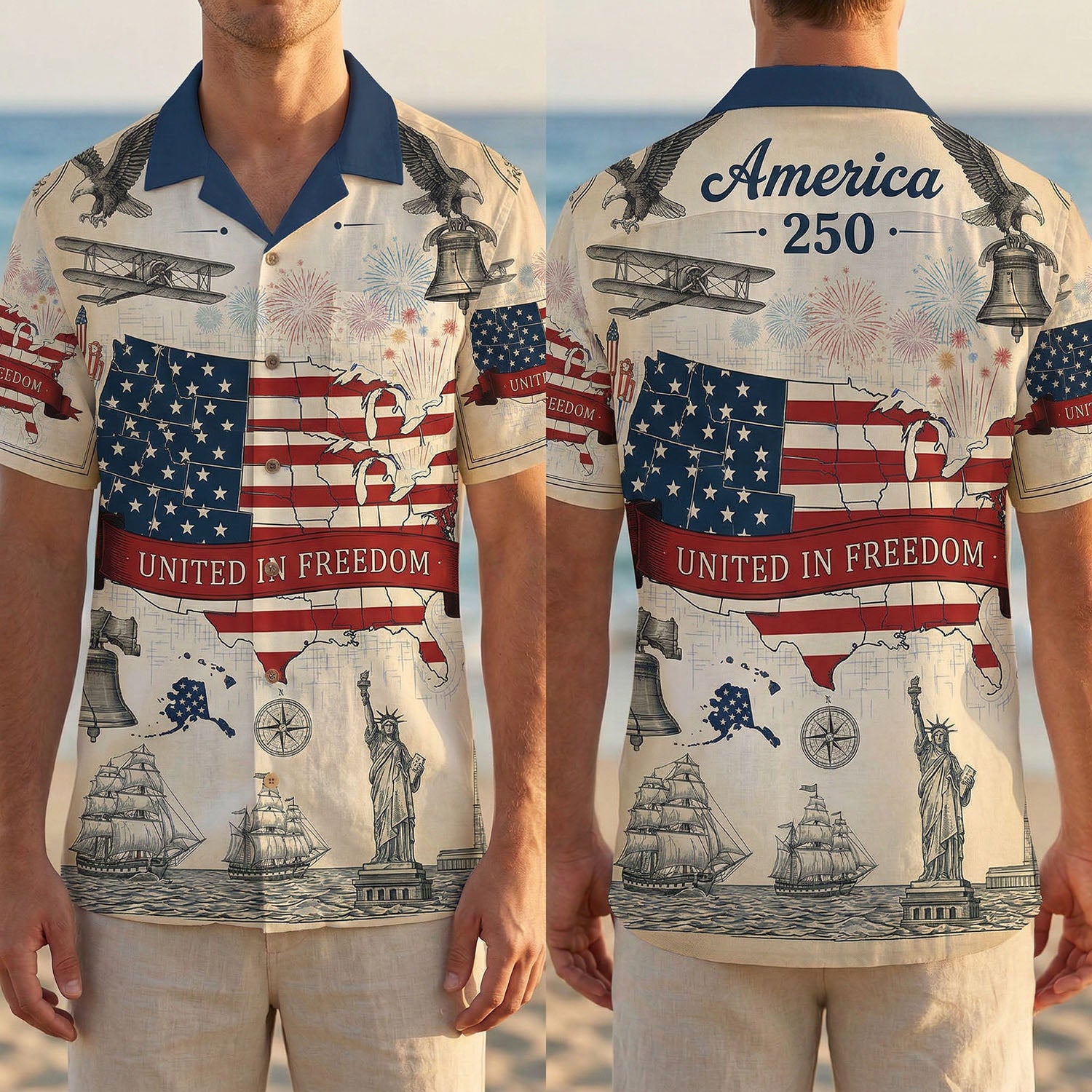 Split view display showing the full front and back design of the America 250 patriotic shirt on a male model at the beach