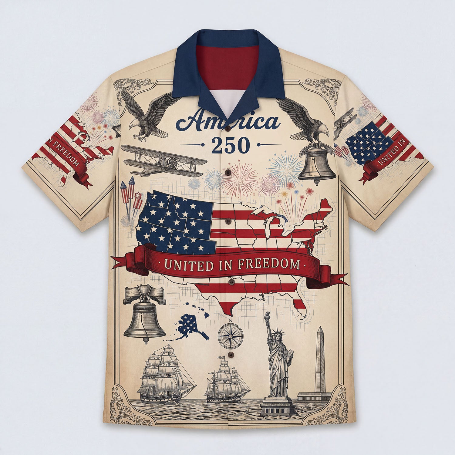 Front view of a premium cream patriotic Hawaiian shirt featuring the map of USA Liberty Bell Statue of Liberty and America 250 text for the US 250th anniversary