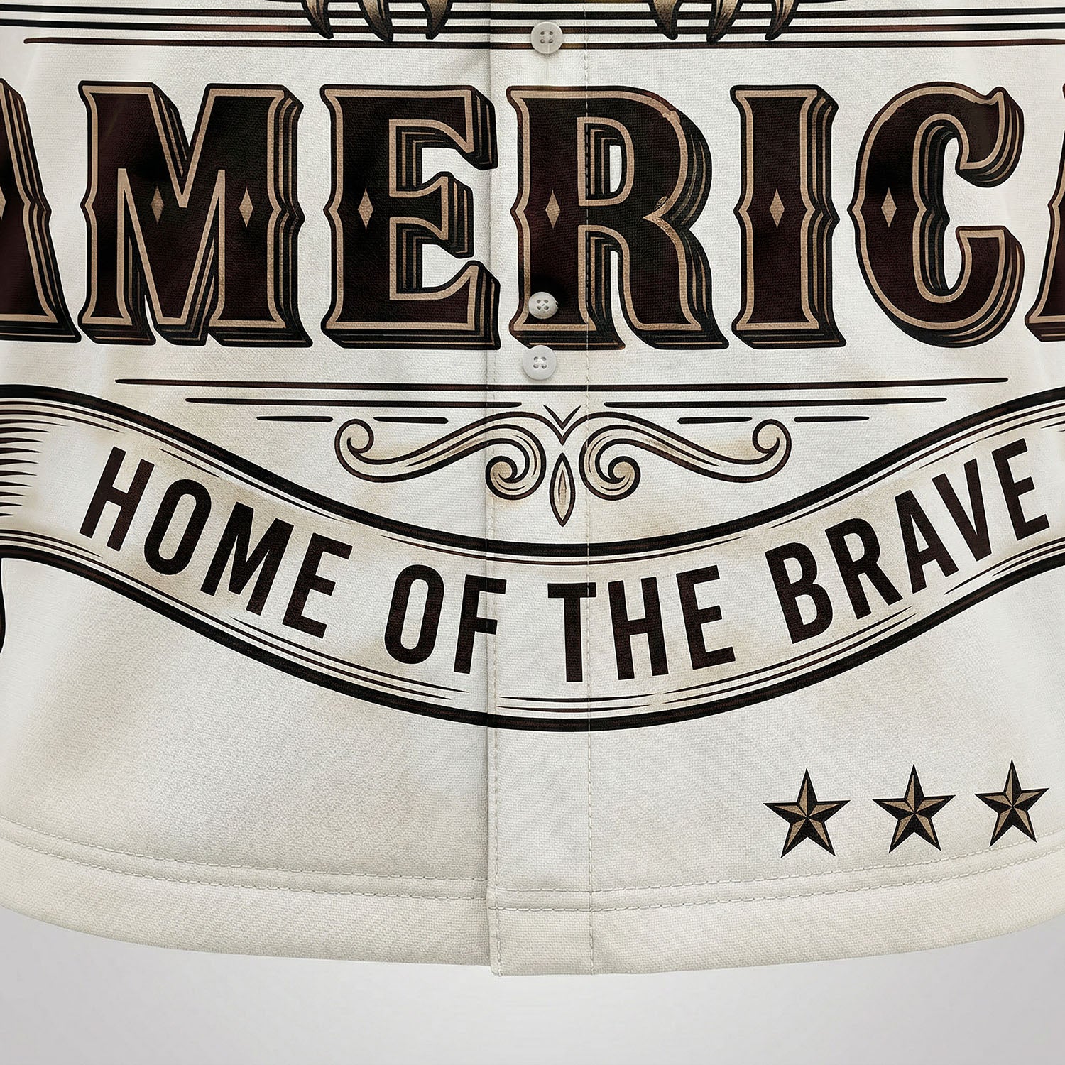 Extreme close up of the high quality print showing the Home of the Brave banner and decorative stars on the white 1776 patriotic shirt