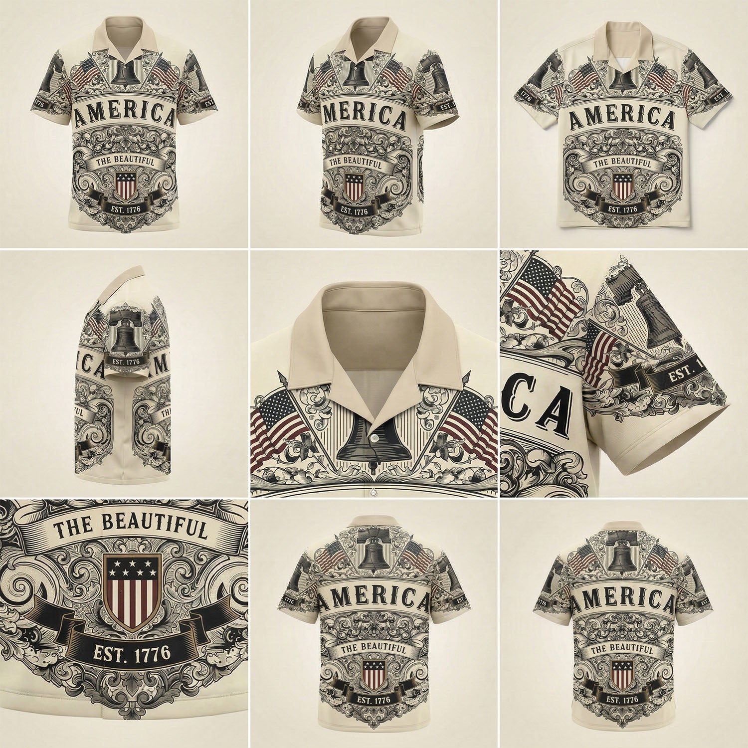 A detailed mockup collage showing multiple angles and intricate engraved print details of the America The Beautiful Liberty Bell patriotic shirt