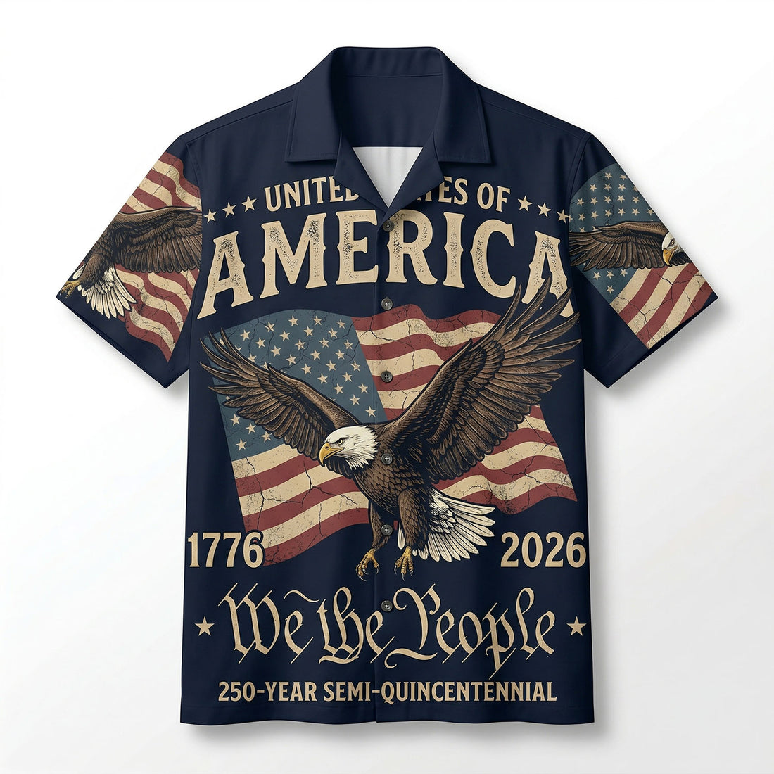 Front view of a premium vintage cream patriotic Aloha shirt featuring the Liberty Bell and America The Beautiful engraved design