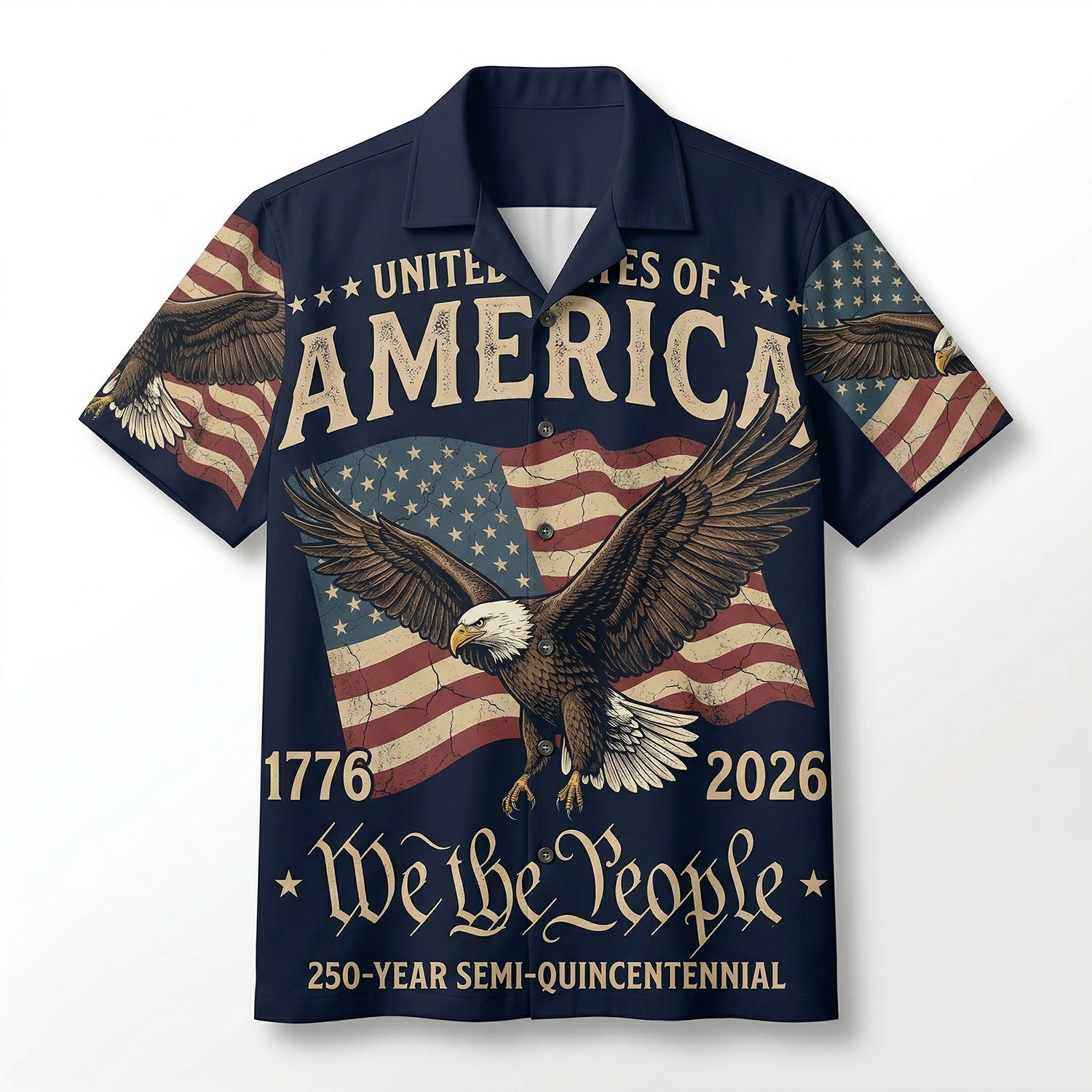 Front view of a premium vintage cream patriotic Aloha shirt featuring the Liberty Bell and America The Beautiful engraved design