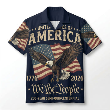 Front view of a premium vintage cream patriotic Aloha shirt featuring the Liberty Bell and America The Beautiful engraved design