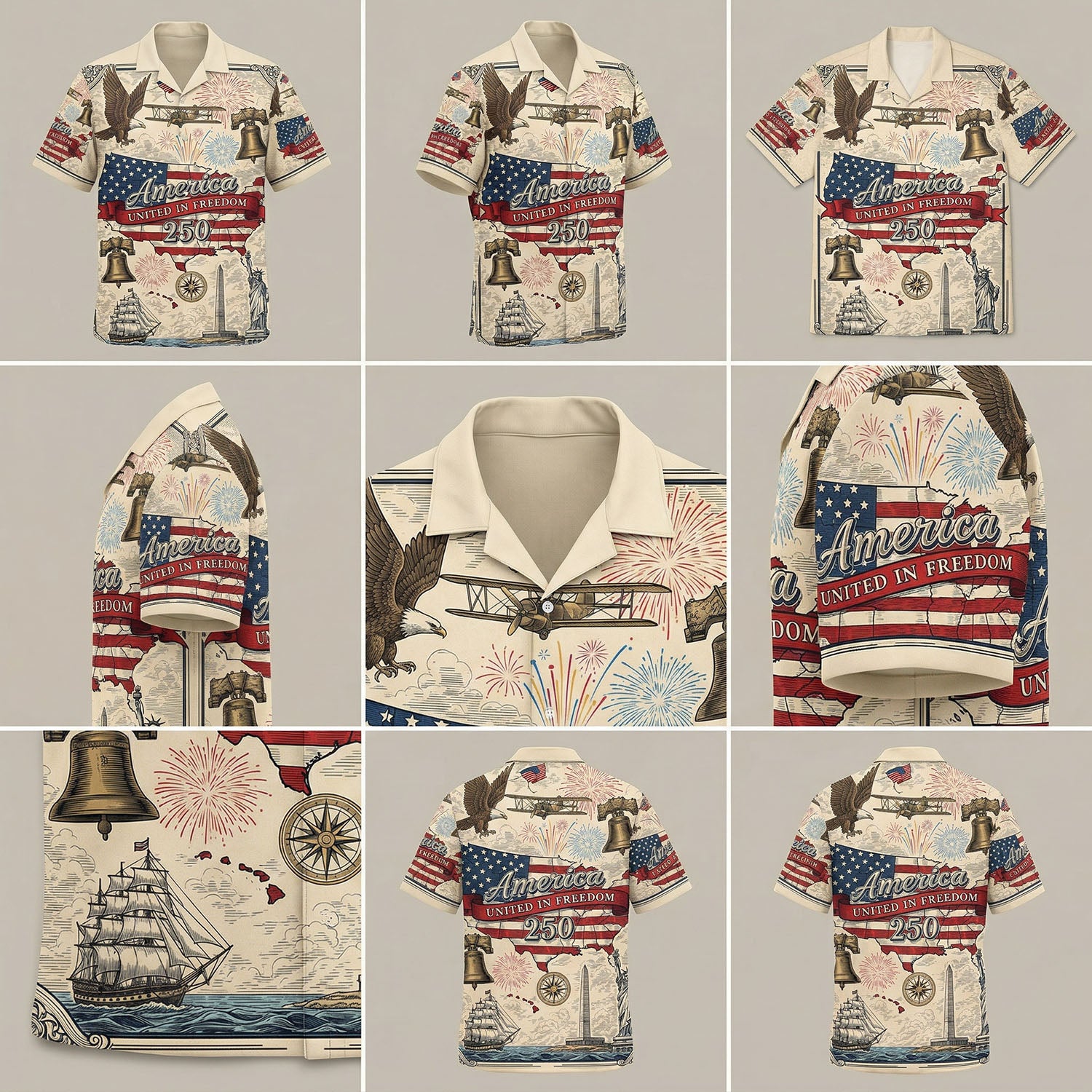 A detailed mockup collage showing multiple angles and intricate engraved artwork of the America The Beautiful Liberty Bell patriotic shirt