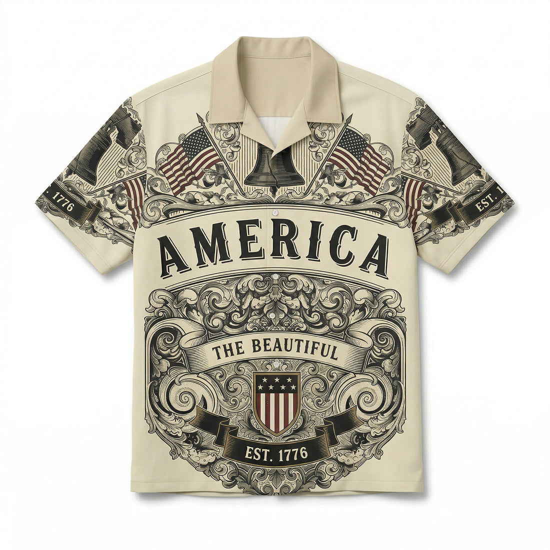 Front view of a vintage cream patriotic Hawaiian shirt featuring the Liberty Bell American flags and America The Beautiful text for the US 250th anniversary