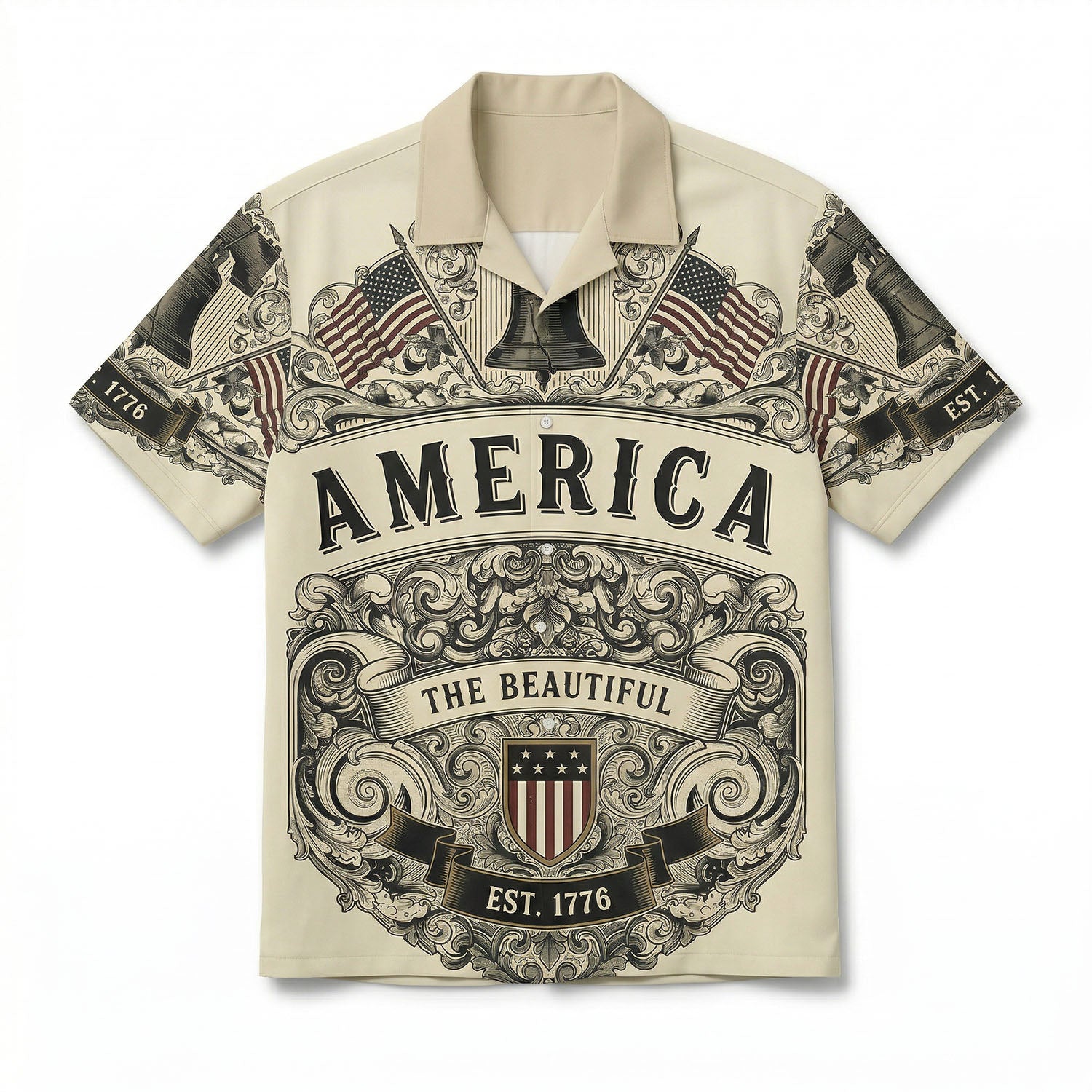 Front view of a vintage cream patriotic Hawaiian shirt featuring the Liberty Bell American flags and America The Beautiful text for the US 250th anniversary