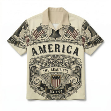 Front view of a vintage cream patriotic Hawaiian shirt featuring the Liberty Bell American flags and America The Beautiful text for the US 250th anniversary