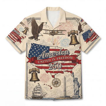 Front flat lay view of a premium vintage cream patriotic Aloha shirt featuring the Liberty Bell and America The Beautiful graphics for the 250th anniversary
