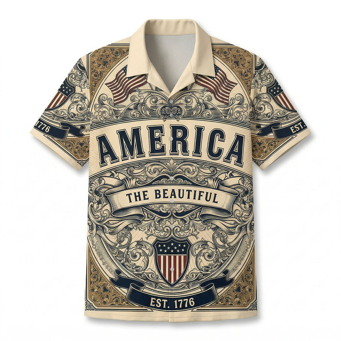 Front view of a premium vintage cream Aloha shirt featuring the Liberty Bell American flags and America The Beautiful engraved graphics