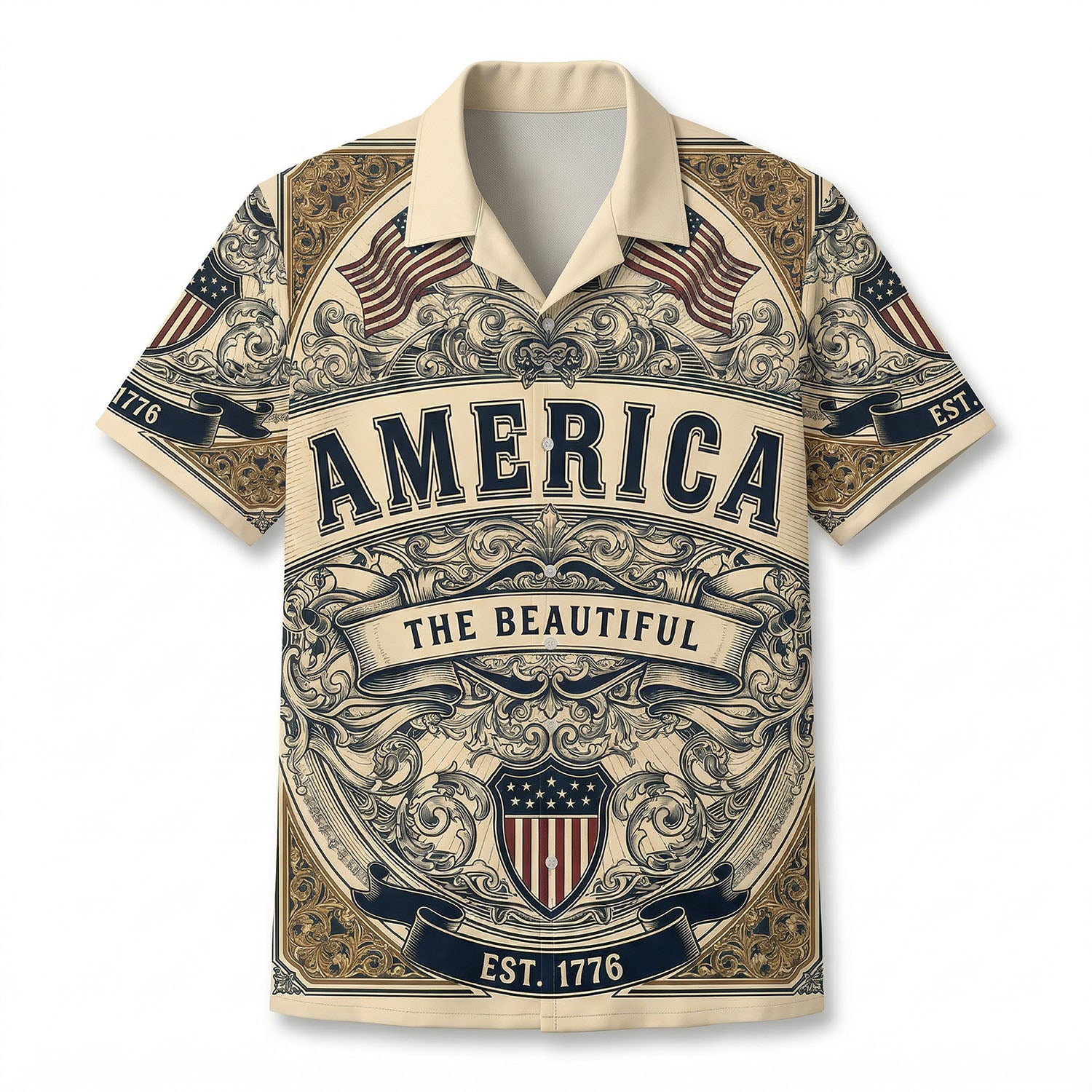 Front view of a premium vintage cream Aloha shirt featuring the Liberty Bell American flags and America The Beautiful engraved graphics
