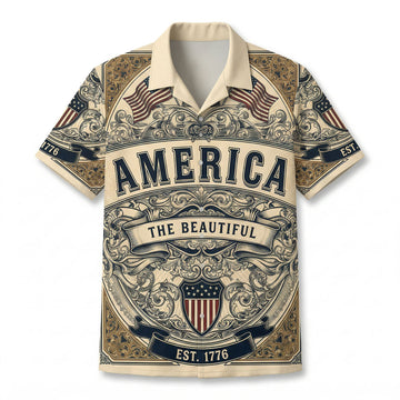 Front view of a premium vintage cream Aloha shirt featuring the Liberty Bell American flags and America The Beautiful engraved graphics