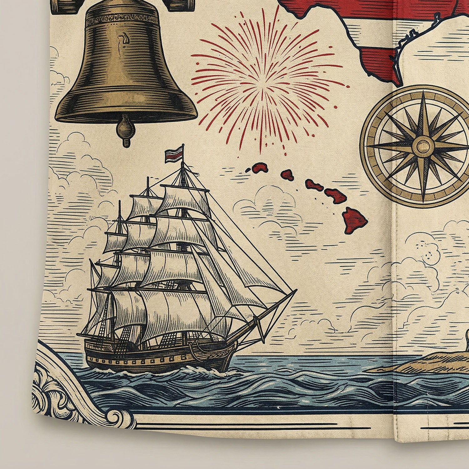 Macro close up shot of the high quality print showing the patriotic shield icon and Est 1776 banner on the vintage cream Liberty Bell Hawaiian shirt