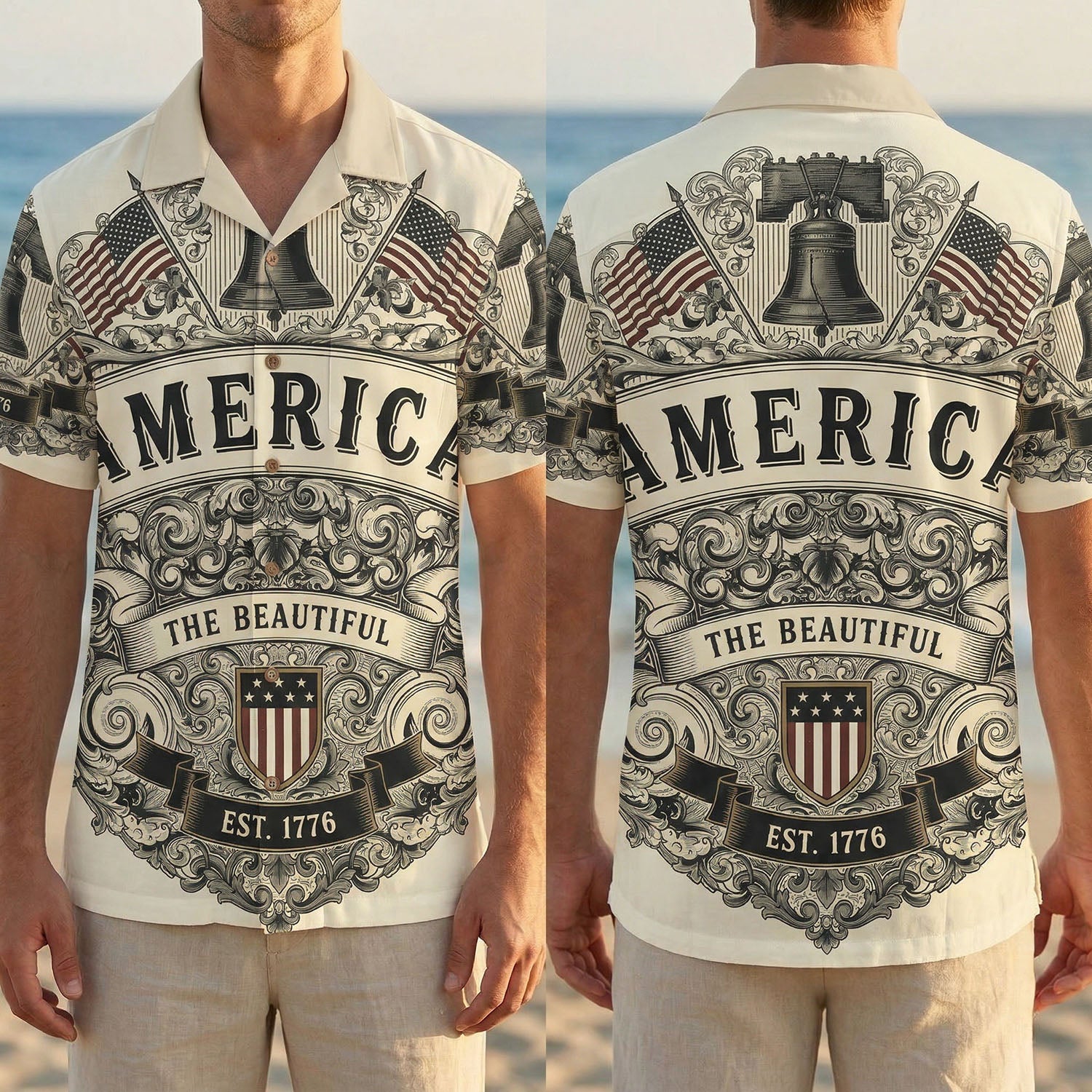 Split view showing the full front and back design of the America The Beautiful Liberty Bell shirt worn by a model at the beach