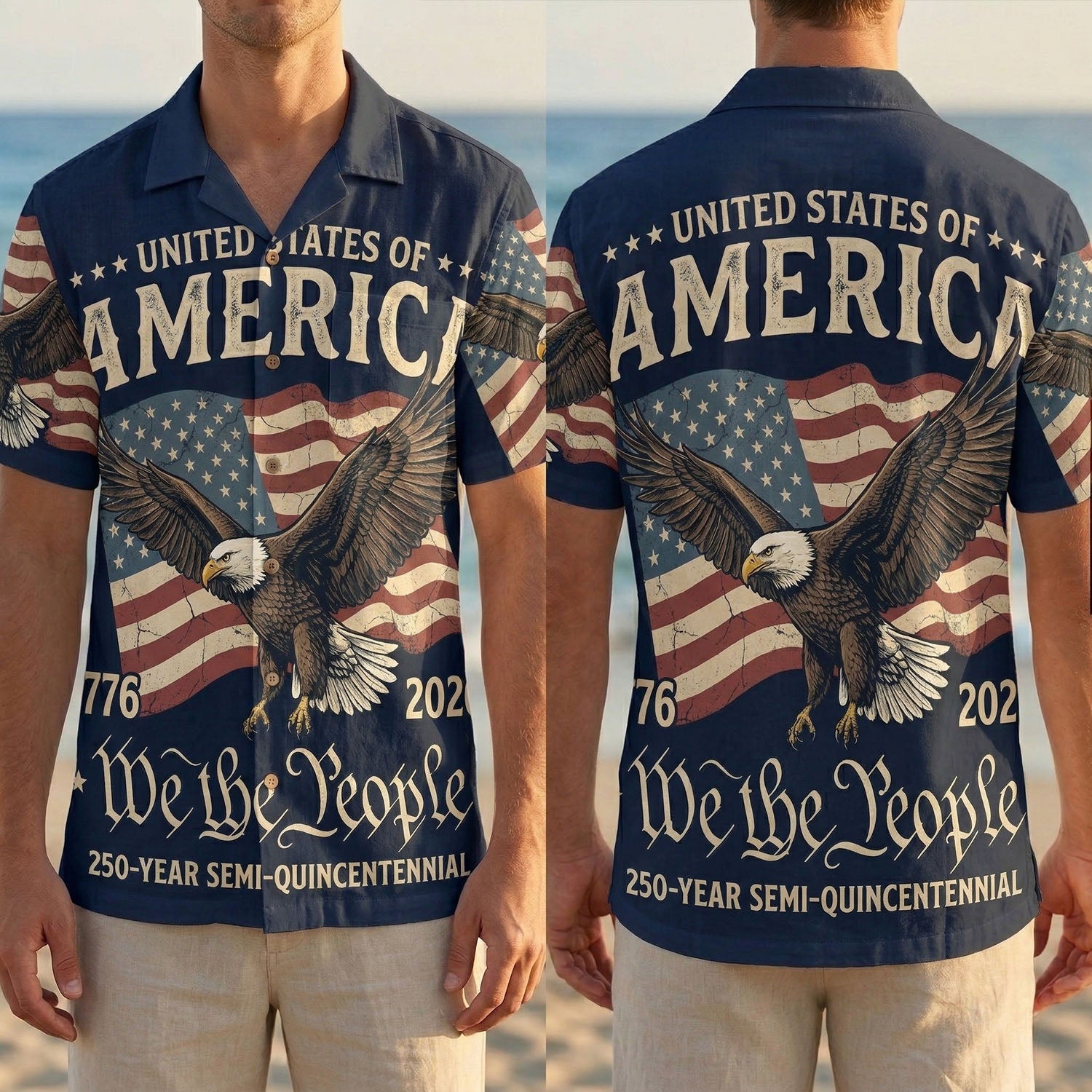 Split view display showing the full front and back design of the America The Beautiful shirt on a male model at the beach