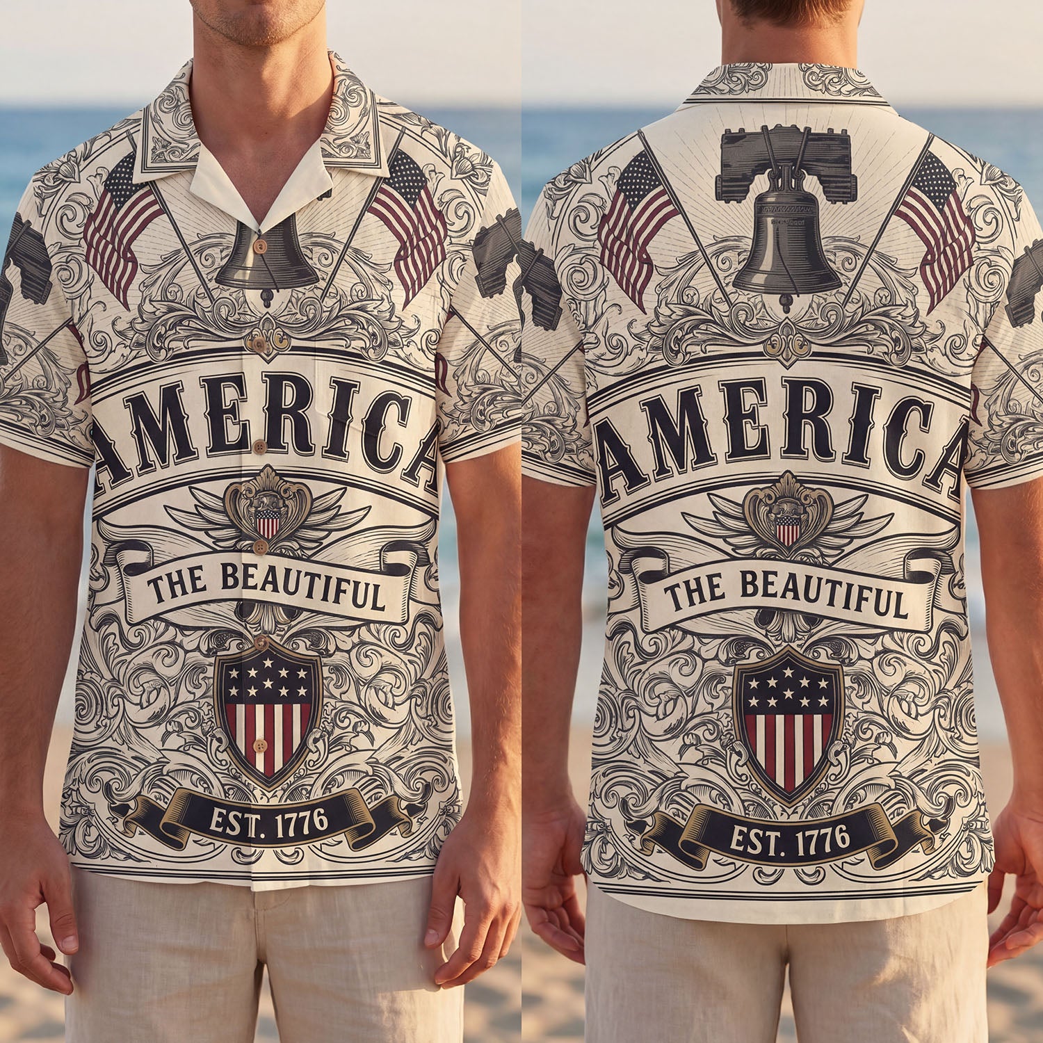 America The Beautiful 250th Anniversary Aloha Shirt - Vintage Liberty Bell 1776 2026 Patriotic Gift - Heritage Edition Hawaiian Button Down