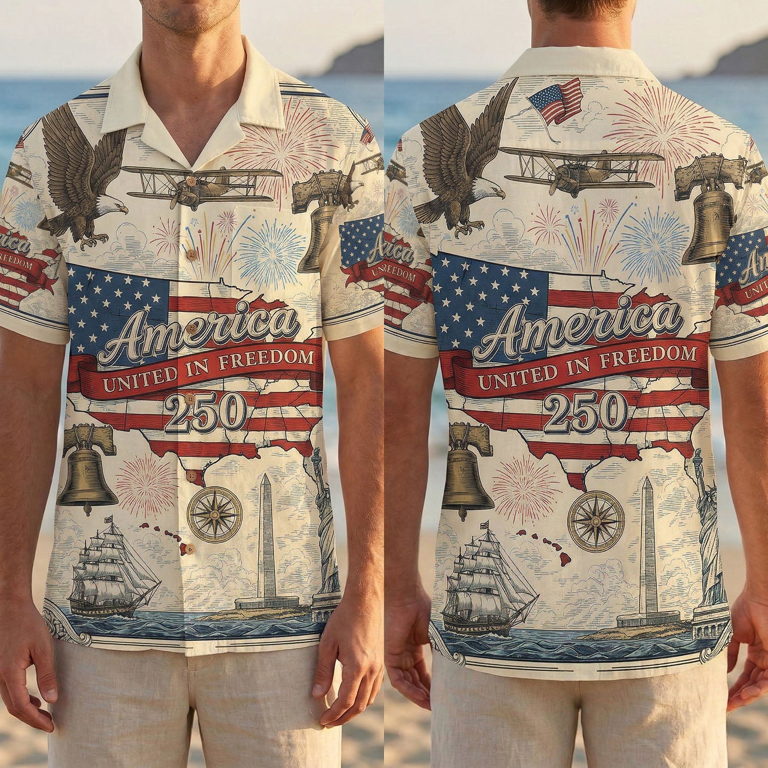 Split view display showing the full front and back design of the America The Beautiful shirt on a male model at the beach