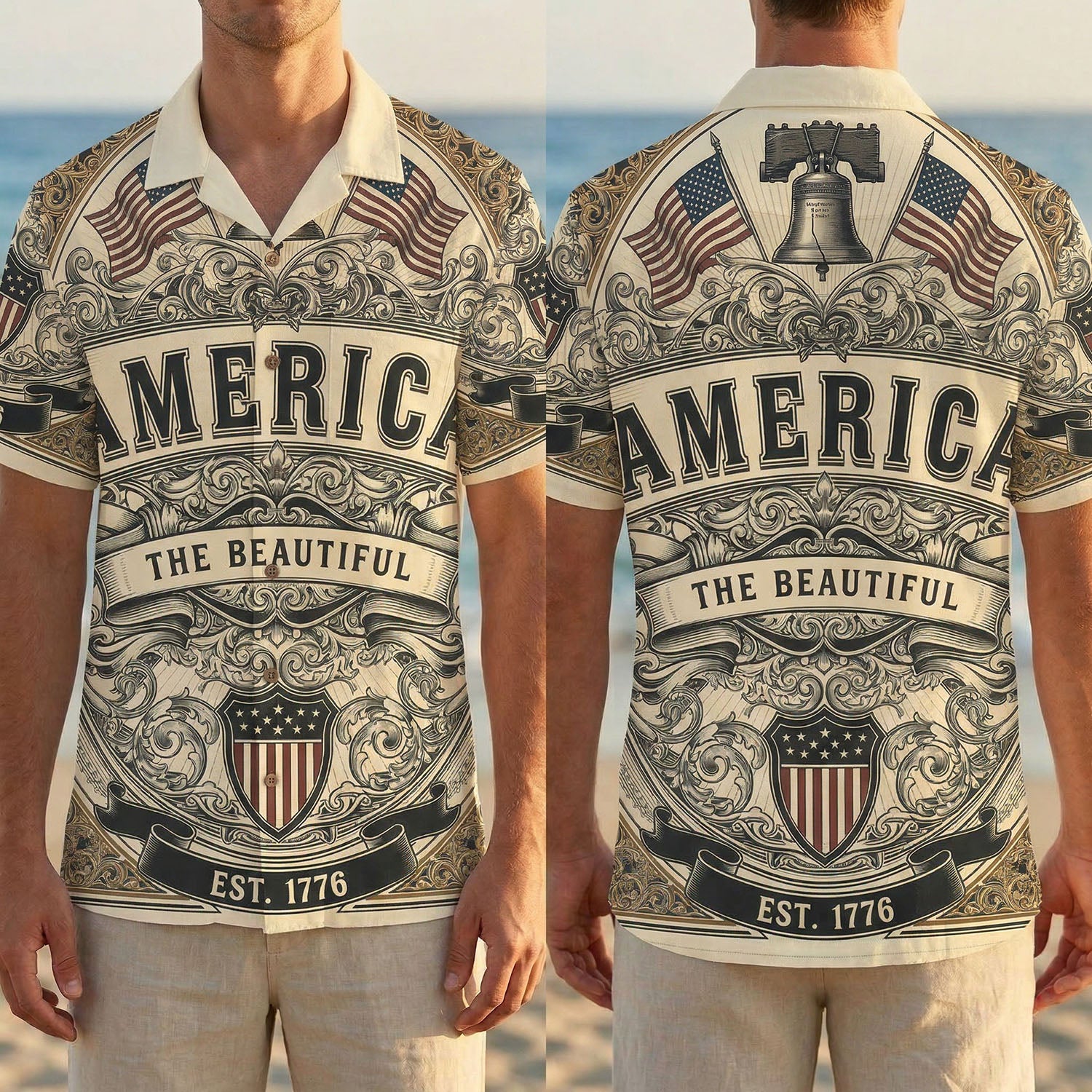 Split view display showing the full front and back design of the America The Beautiful shirt on a male model at the beach