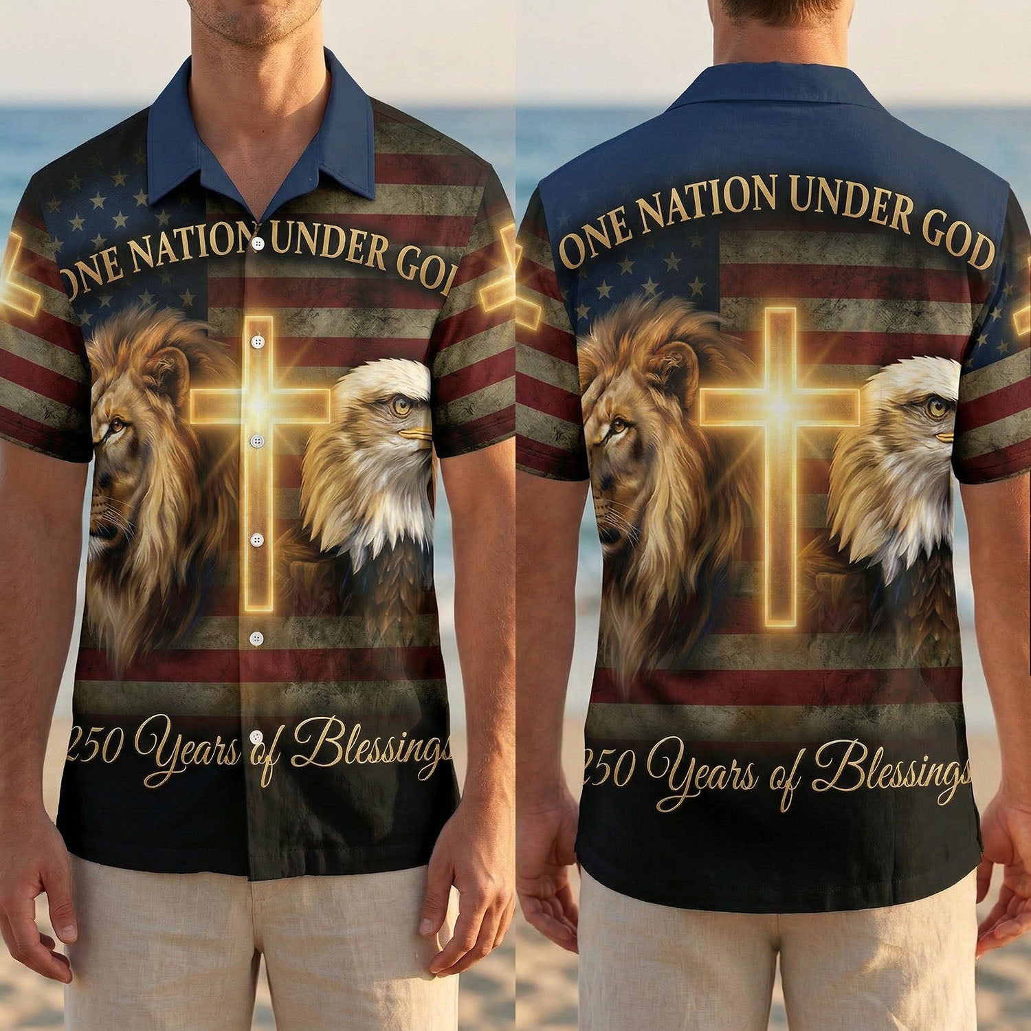 Complete front and back visual of the One Nation Under God 1776-2026 commemorative Hawaiian shirt showing the historic scroll and eagle design.