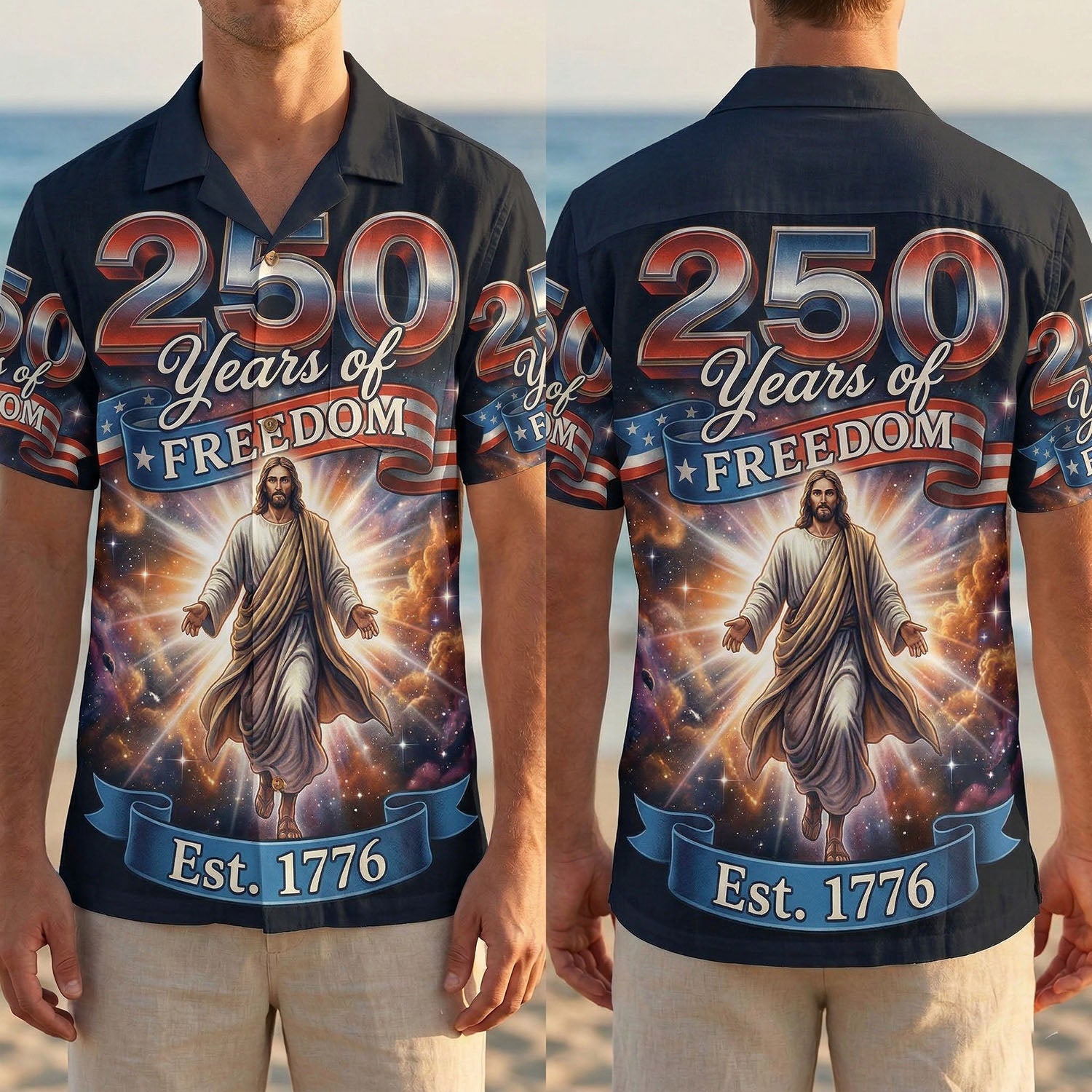 Comparison of front and back design of a religious patriotic Aloha shirt celebrating 250 years of American freedom.